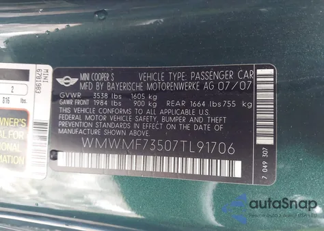 2007 Mini Cooper S z USA, uszkodzony, nr VIN WMWMF73507TL91706